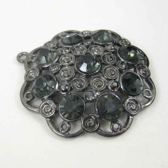Swirl Pendant ONLY 1.9 Inch Gunmetal Gray Green Rhinestones Floral Jewelry - Picture 4 of 7